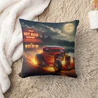 Hot rod drives by vintage garage at night throw pillow