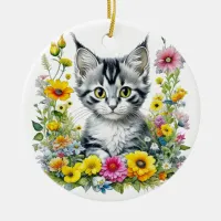 Whimsical Cat and Flowers Personalized Christmas Ceramic Ornament