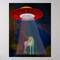 Magical Unicorn UFO Rainbow Beam at Night Poster