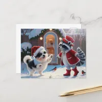 Raccoon and a Cute Dog Festive Christmas Postcard