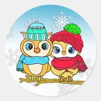 Cute Whimsical Owls on Branch Christmas Classic Round Sticker