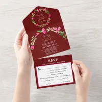 Elegant Pink Floral Greenery Dark Red Wedding RSVP All In One Invitation