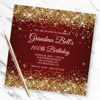 Sparkly Gold Glitter Dark Red Ombre 100th Birthday Invitation