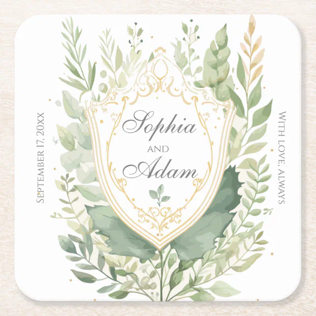 Rustic Watercolor Greenery Wedding Customized  Square Paper Coaster