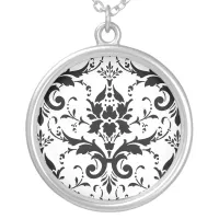 Damask Victorian Vintage Black & White Silver Plated Necklace