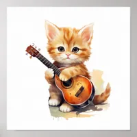 Nursery Art Poster Orange Cat Guitar Left-Handed 