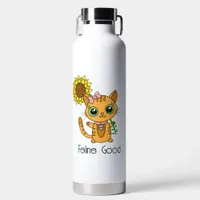 Feline Good | Cute Cartoon Kitty Cat Pun Water Bottle