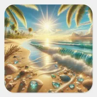 Magical Coastline with Blue Waves and Sea Glass Square Sticker