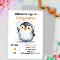 Adorable Penguin and Festive Orange Brown Confetti Invitation