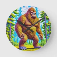 Hairy Bigfoot Walking through the Woods Round Clock