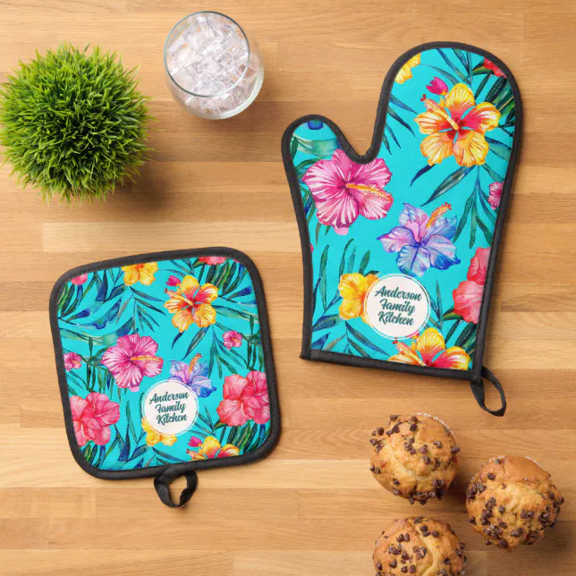 Vibrant Tropical Hibiscus Floral Pattern Aqua Blue Oven Mitt & Pot Holder Set