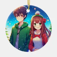 Cute Anime Couple Christmas Ceramic Ornament