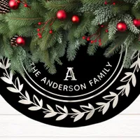 Modern Black and White Laurel Family Initial Brushed Polyester Tree Skirt