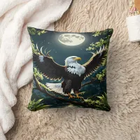 Eagle Spreading Wings on Branch Under Moonlight Throw Pillow