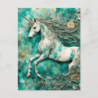 Magical White Unicorn Teal Background Postcard