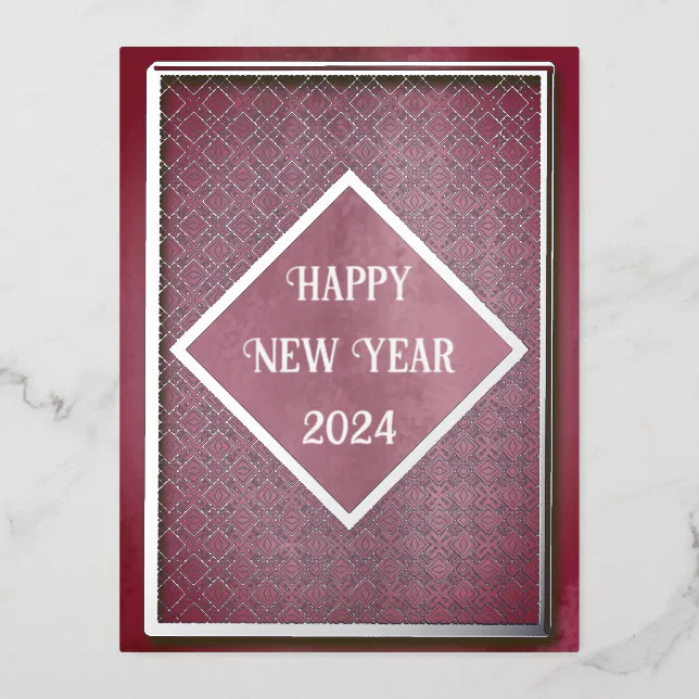 Happy new year 2024 silver pattern and frame foil holiday postcard