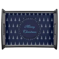 Elegant Blue Christmas Trees and Stars Serving Tray