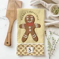 Gingerbread Man Yellow Monogram Merry Christmas Kitchen Towel