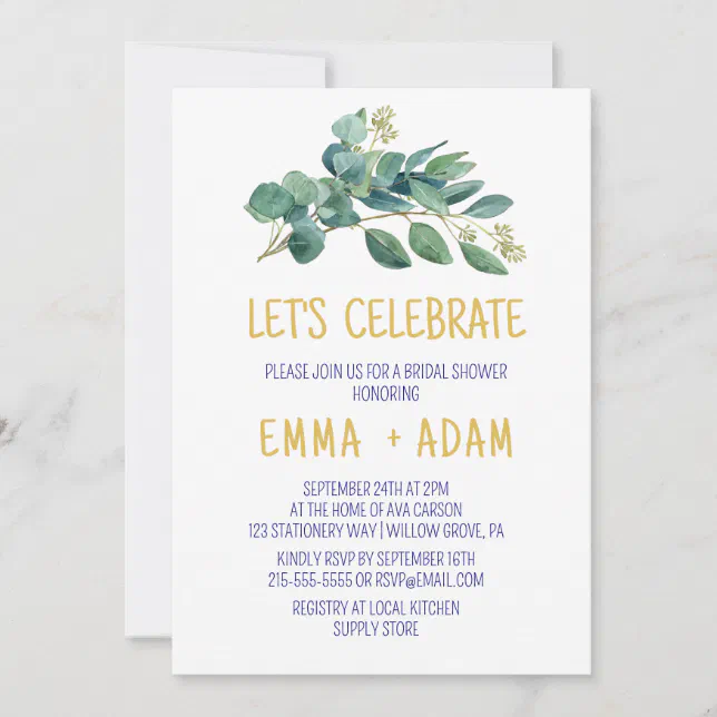 Simple Eucalyptus Greenery Navy Blue and Gold Invitation