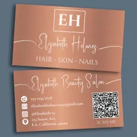 Brushed Metallic Copper Monogrammed QR Code Business Card