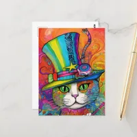 whimsical psychedelic Colorful Kitty in a Tophat Postcard