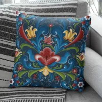 Scandinavian Folk Art Blue Red Floral  Throw Pillow