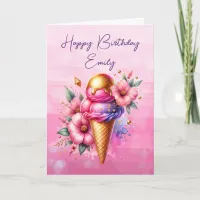 Pretty Pink and Gold Ice Cream Cone Birthday Card