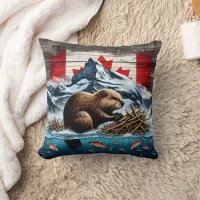 Snowy Mountain, Ocean, Canadian Beaver Throw Pillow