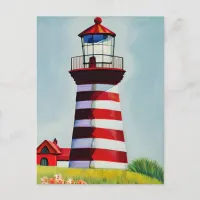 Illustration of a Red and White striped Lighthouse Postcard