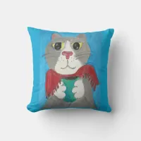 Painted Grey Cat with Coffee Folk Art Fun Throw Pillow