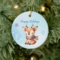 Cute Cartoon Deer in Snow Ceramic Ornament