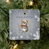 Cute Winter Mouse with Berries Ceramic Ornament