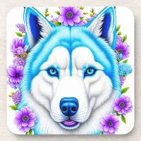 Husky Dog with Blue Eyes and Flowers  Beverage Coaster