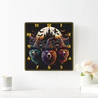 Colorful witch bears by spooky castle square wall clock