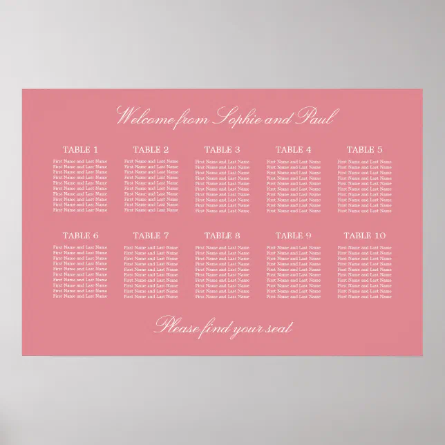 Blush Pink 10 Table Wedding Seating Chart Poster