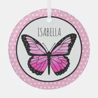 Magenta Butterfly Polka Dot Personalized   Glass Ornament