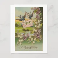 Vintage Birthday Birds Purple Flowers Postcard