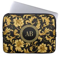Monogram Black Gold Classy Elegant Pattern Laptop Sleeve