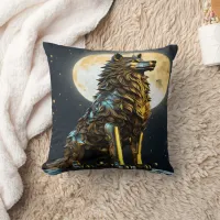 Majestic Metallic Wolf Under Full Moonlight Throw Pillow