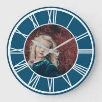 White Roman Numeral Border Ocean Blue RD Add Photo Large Clock