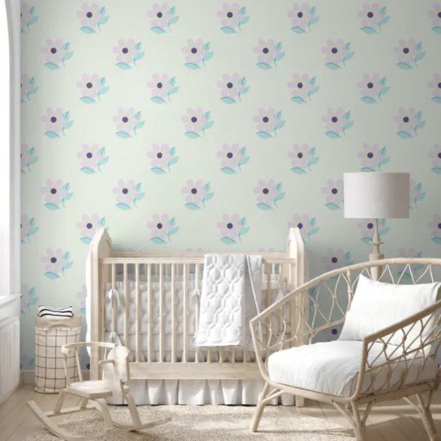 Mint Green Floral With Girly Pink Flowers Nursery  Wallpaper