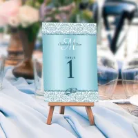 Blue Monogram Damask Glitter Wedding  Table Number