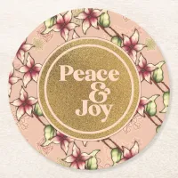 Peace & Joy, Pink and Gold Poinsettia Christmas Round Paper Coaster