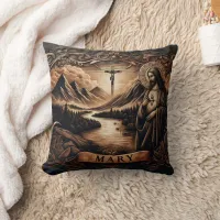 Jesus and Mary by a River With Mountains at Dusk Throw Pillow