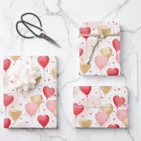 Valentine's Pink Red and Gold Heart Balloons  Wrapping Paper Sheets