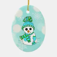 Teal Snowman and Snowflakes holiday Christmas part Ceramic Ornament