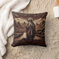 Jesus Amidst Mountain Landscape at Dusk Throw Pillow