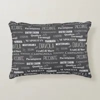 Grey Italian Restaurant Pizza Names Typographic Accent Pillow