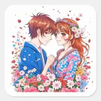 Cute Anime Couple Cuddling Square Sticker