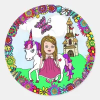 Cute Brown Haired Princess and Unicorn Castle Classic Round Sticker